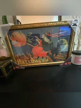 Marmont Hill Halloween frame with classic vintage witch on broom ft black cat